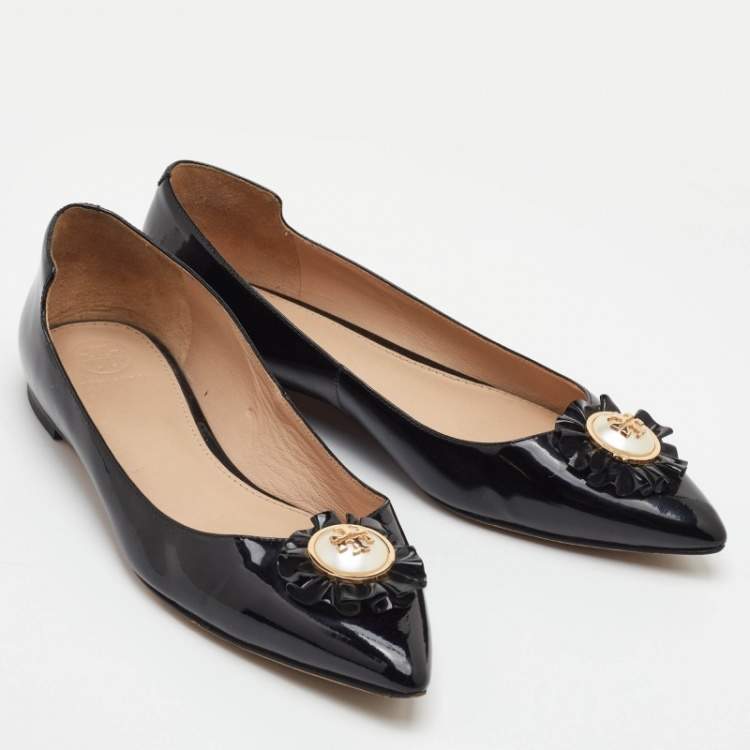 Pre Owned Tory Burch Melody Pearl Size 38 Black Patent Leather Ballet Flats