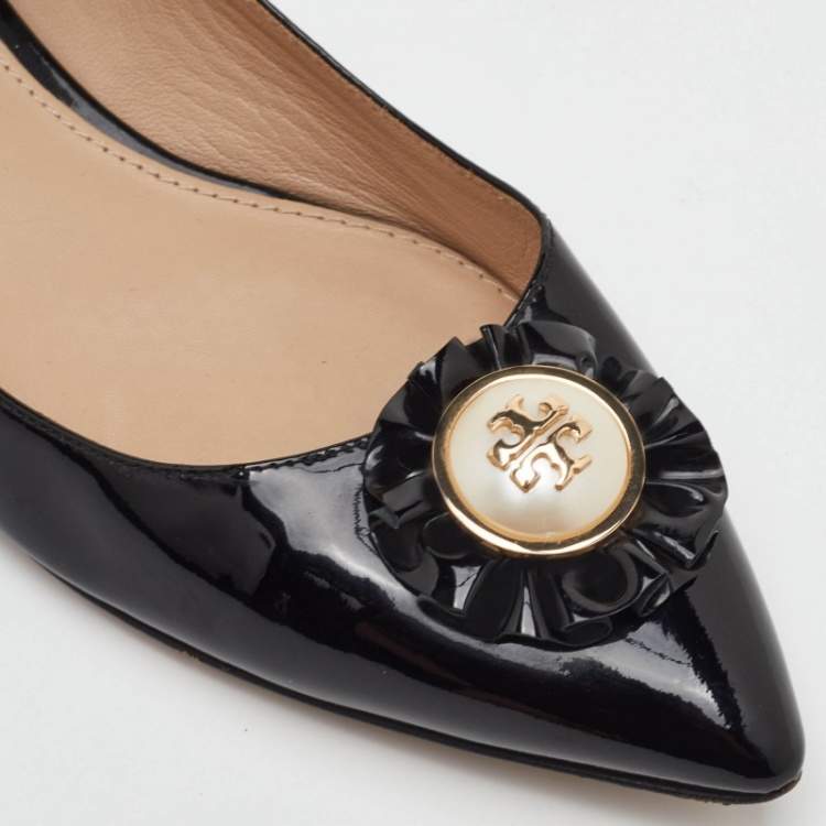 Pre Owned Tory Burch Melody Pearl Size 38 Black Patent Leather Ballet Flats