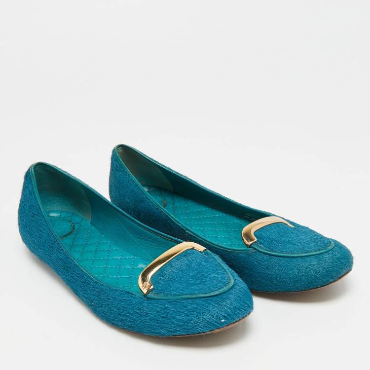Pre Owned Tory Burch Size 36.5 Blue Calf Hair Ballet Flats