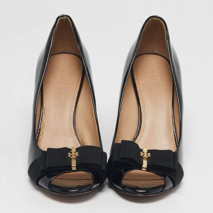 Pre Owned Tory Burch Trudy Size 38 Black Patent Leather Wedge Pumps