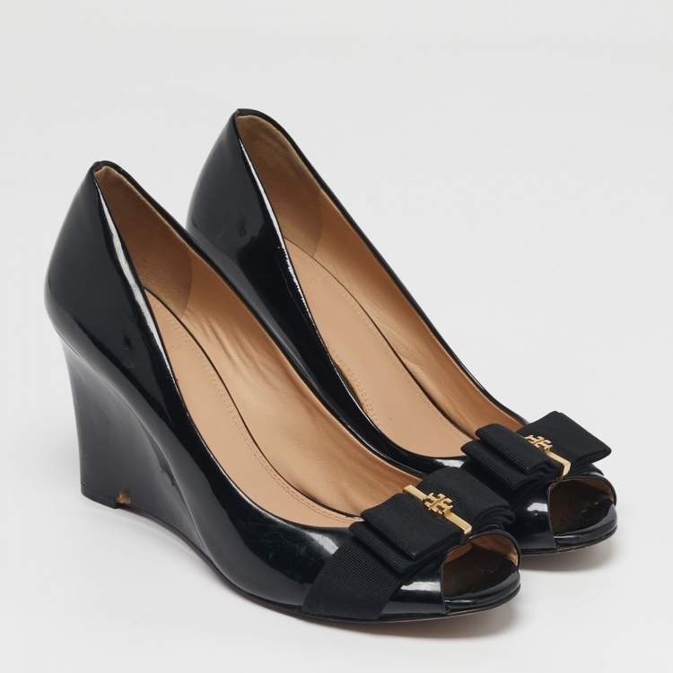 Pre Owned Tory Burch Trudy Size 38 Black Patent Leather Wedge Pumps