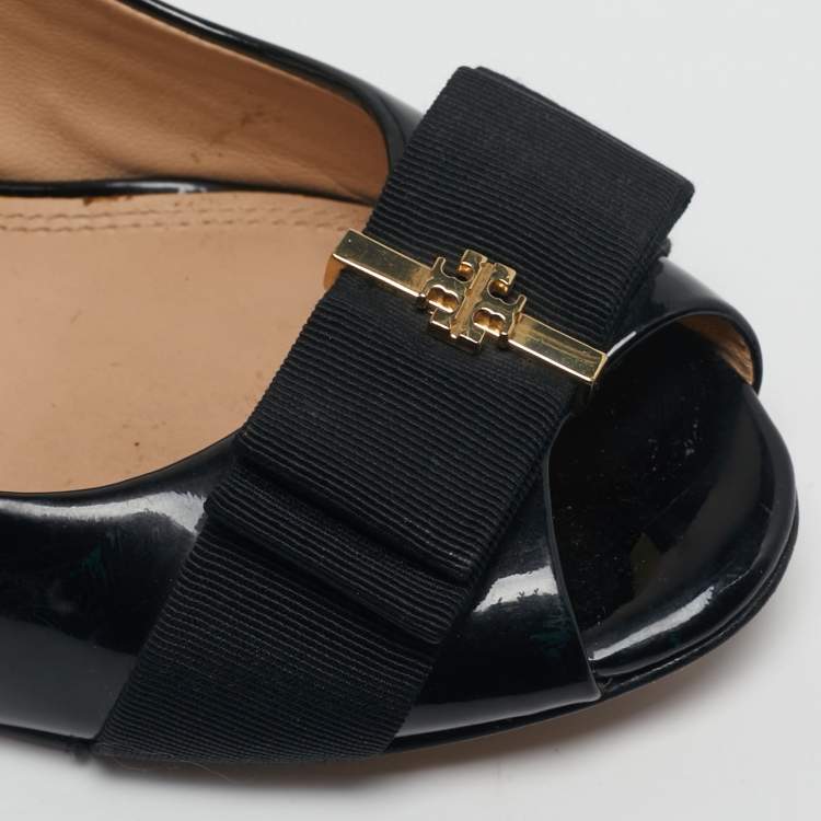 Pre Owned Tory Burch Trudy Size 38 Black Patent Leather Wedge Pumps