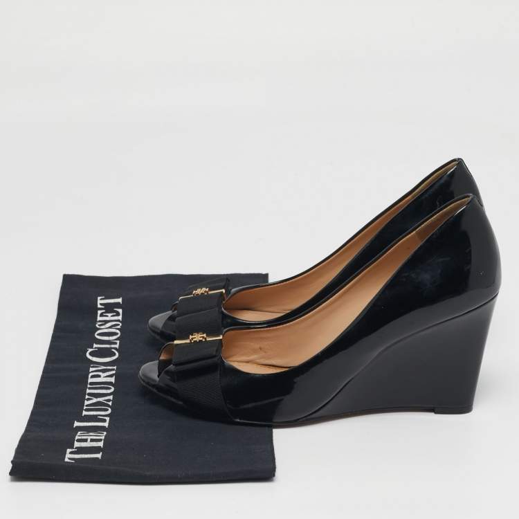 Pre Owned Tory Burch Trudy Size 38 Black Patent Leather Wedge Pumps