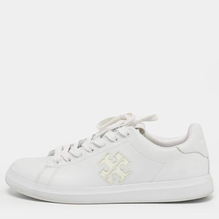 Pre Owned Tory Burch Size 36.5 White Leather Double T Howell Court Lace Up Sneakers          