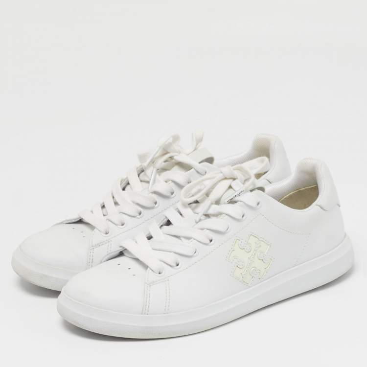Pre Owned Tory Burch Size 36.5 White Leather Double T Howell Court Lace Up Sneakers          