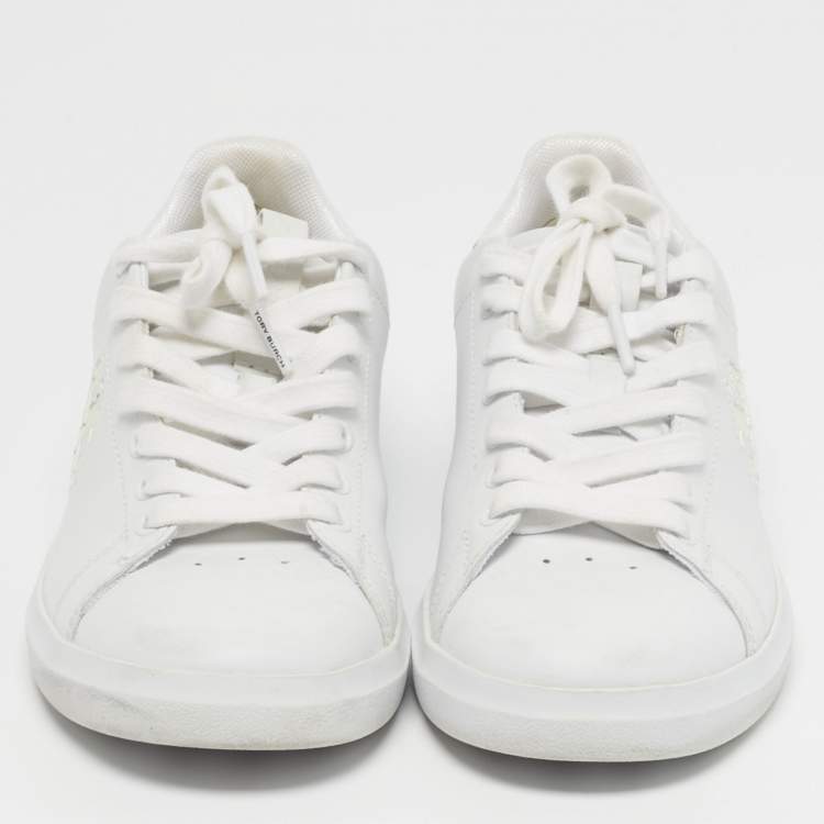 Pre Owned Tory Burch Size 36.5 White Leather Double T Howell Court Lace Up Sneakers          