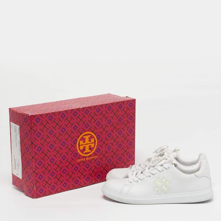 Pre Owned Tory Burch Size 36.5 White Leather Double T Howell Court Lace Up Sneakers          