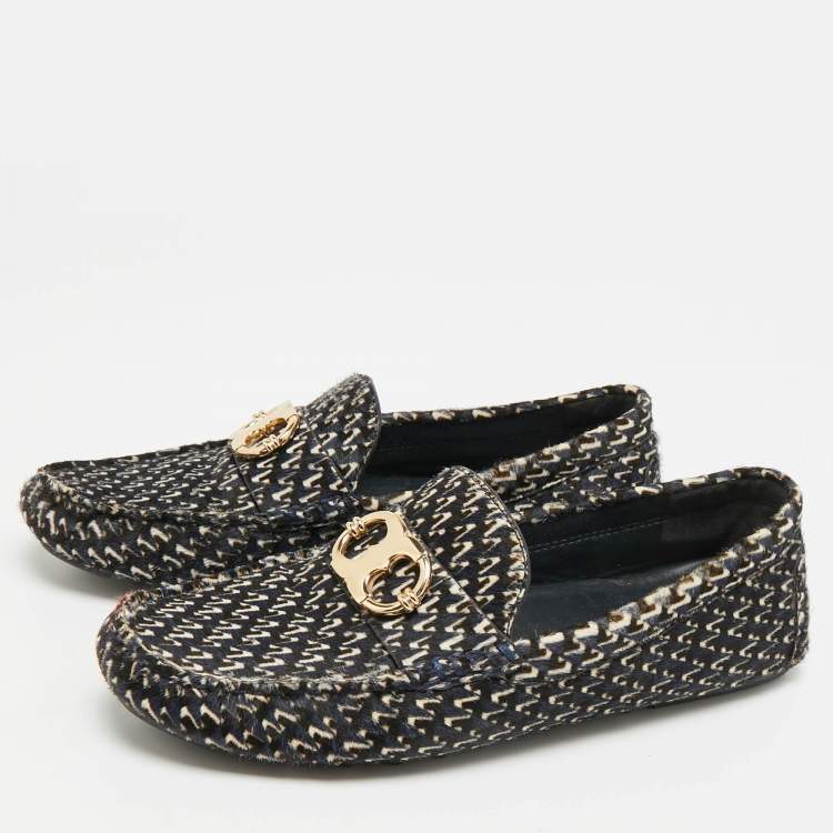 Pre Owned Tory Burch Gemini Size 38 Navy Blue Calf Hair Loafers