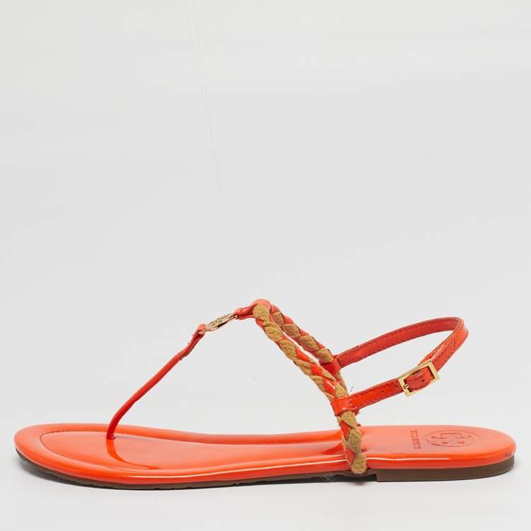 Pre Owned Tory Burch Miller Size 41 Orange Patent Leather and Straw Slingback Flats