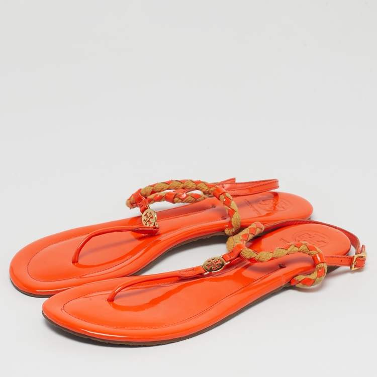 Pre Owned Tory Burch Miller Size 41 Orange Patent Leather and Straw Slingback Flats