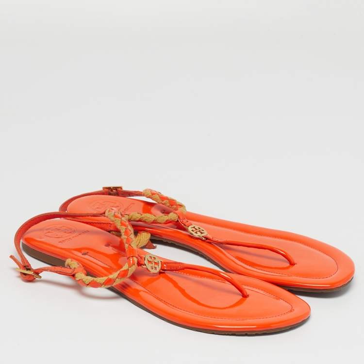 Pre Owned Tory Burch Miller Size 41 Orange Patent Leather and Straw Slingback Flats