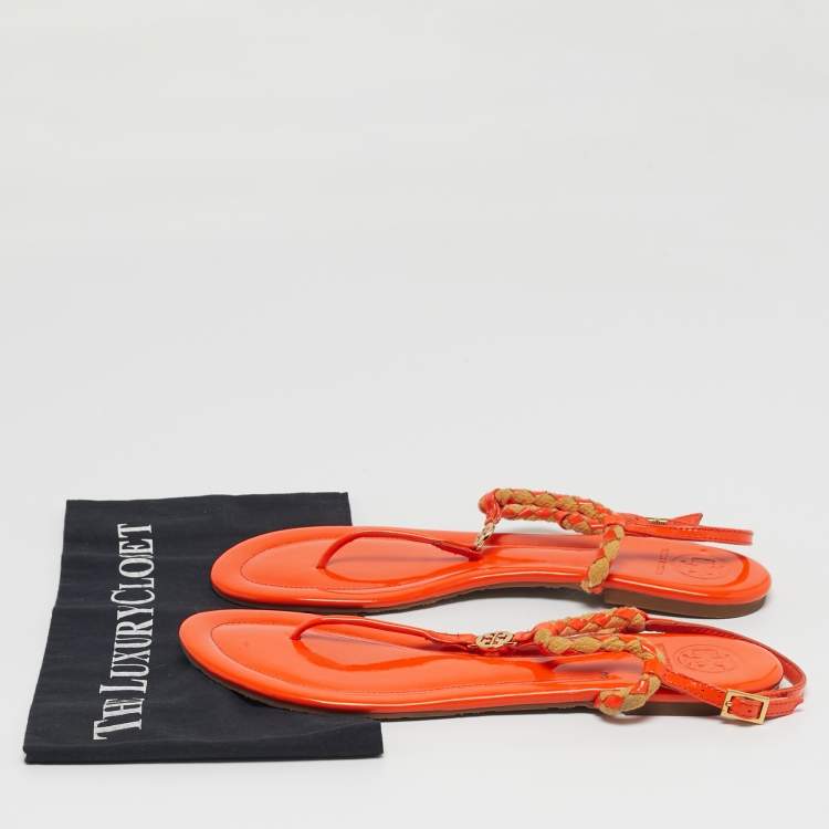 Pre Owned Tory Burch Miller Size 41 Orange Patent Leather and Straw Slingback Flats