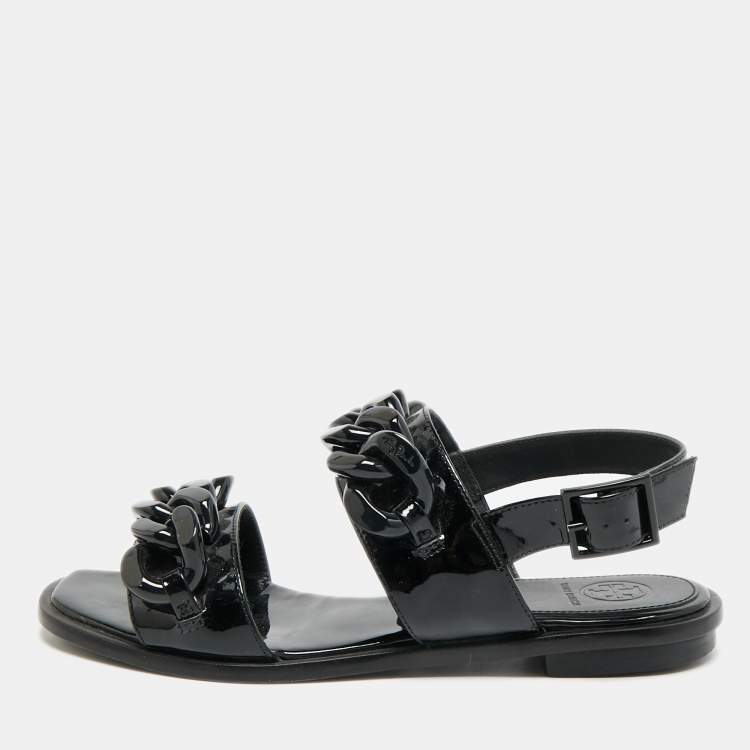 Pre Owned Tory Burch Adrien Size 37 Black Patent Leather Ankle Strap Flat Sandals
