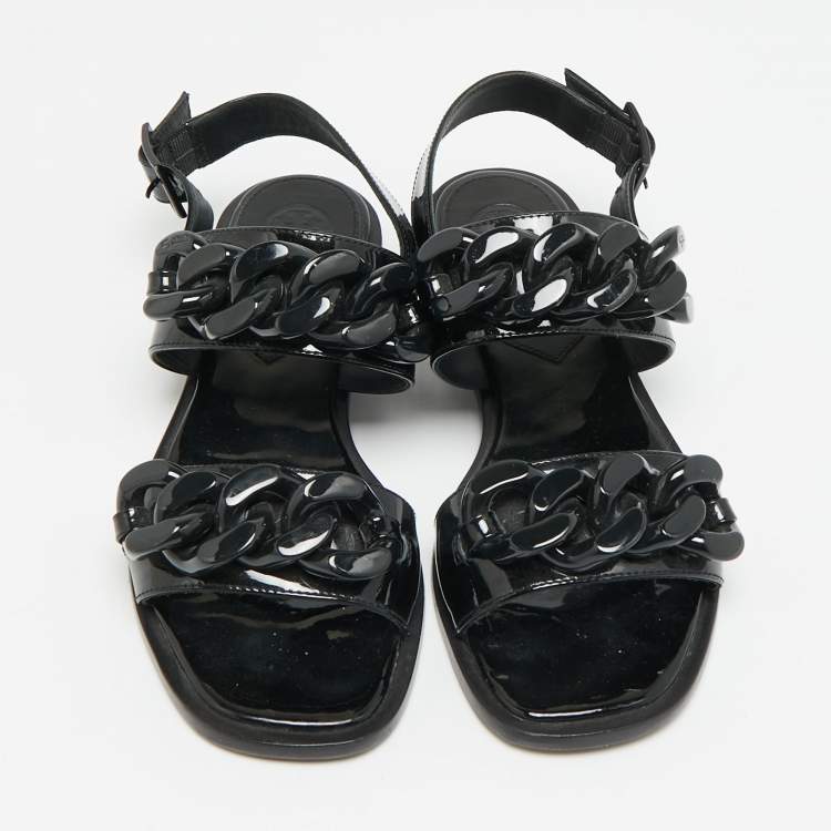 Pre Owned Tory Burch Adrien Size 37 Black Patent Leather Ankle Strap Flat Sandals