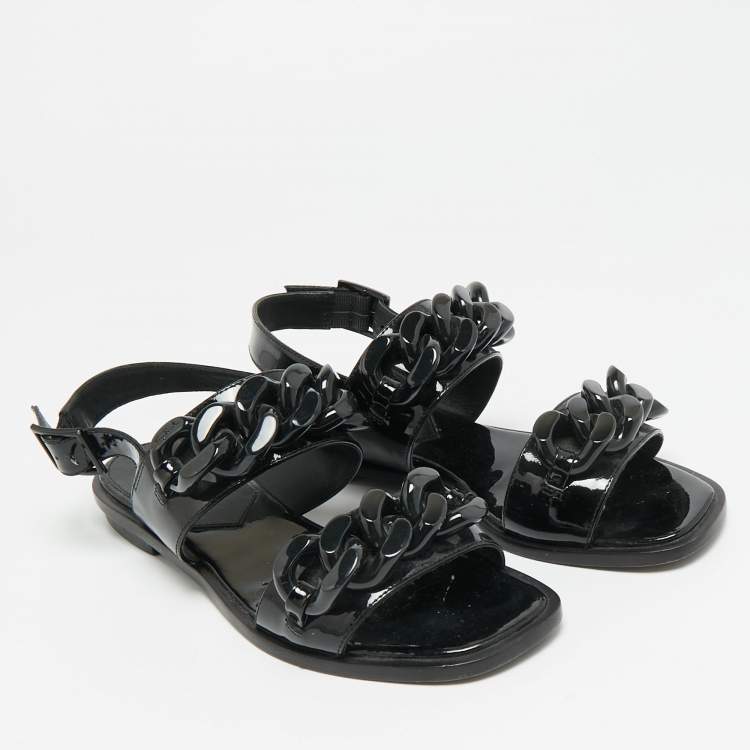 Pre Owned Tory Burch Adrien Size 37 Black Patent Leather Ankle Strap Flat Sandals