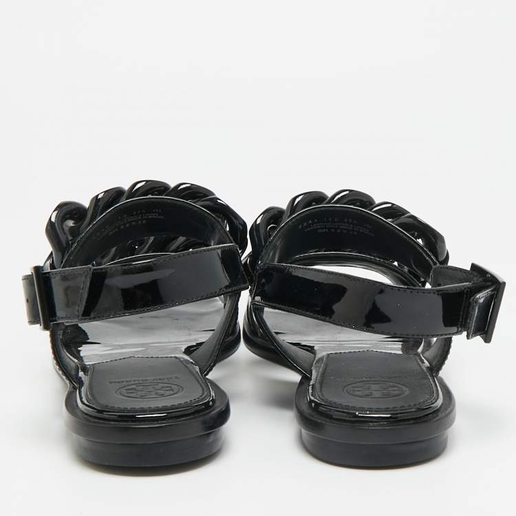 Pre Owned Tory Burch Adrien Size 37 Black Patent Leather Ankle Strap Flat Sandals