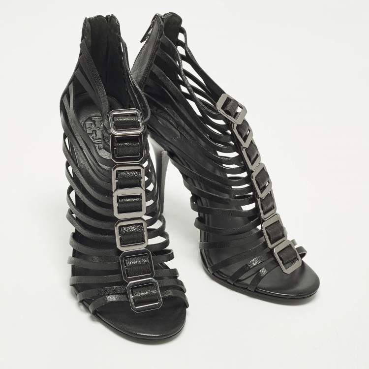Pre Owned Tory Burch  Size 39.5 Black Leather Strappy Caged Sandals