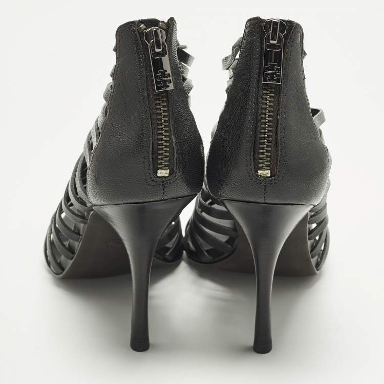 Pre Owned Tory Burch  Size 39.5 Black Leather Strappy Caged Sandals