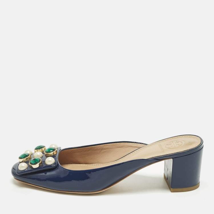 Pre Owned Tory Burch Size 36 Navy Blue Patent Leather Crystal Embellished Mules