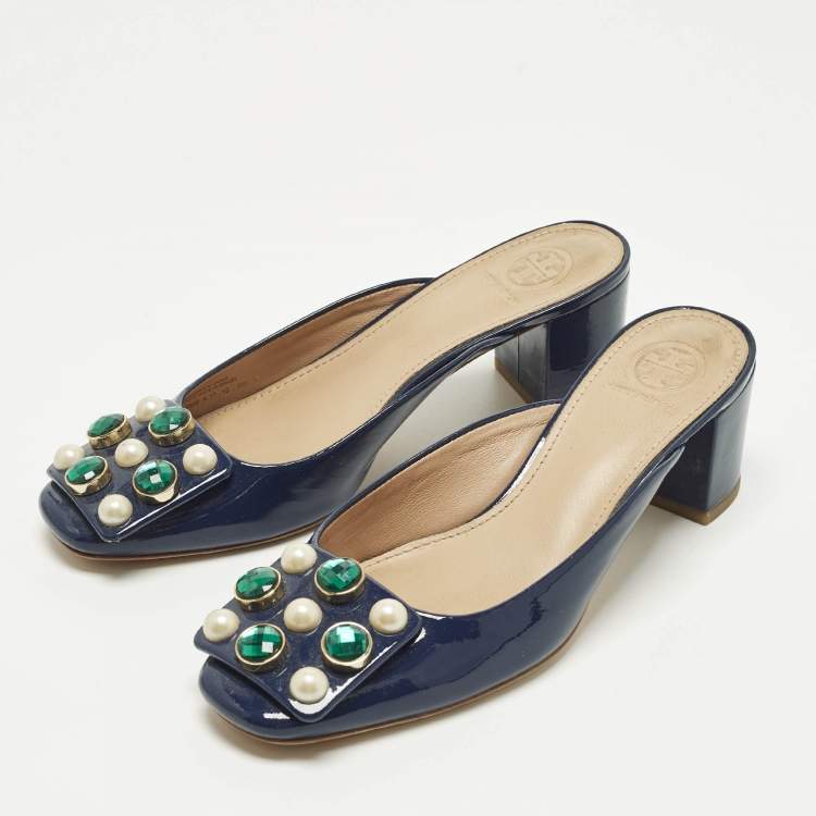 Pre Owned Tory Burch Size 36 Navy Blue Patent Leather Crystal Embellished Mules