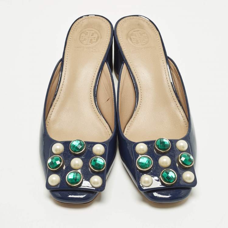 Pre Owned Tory Burch Size 36 Navy Blue Patent Leather Crystal Embellished Mules