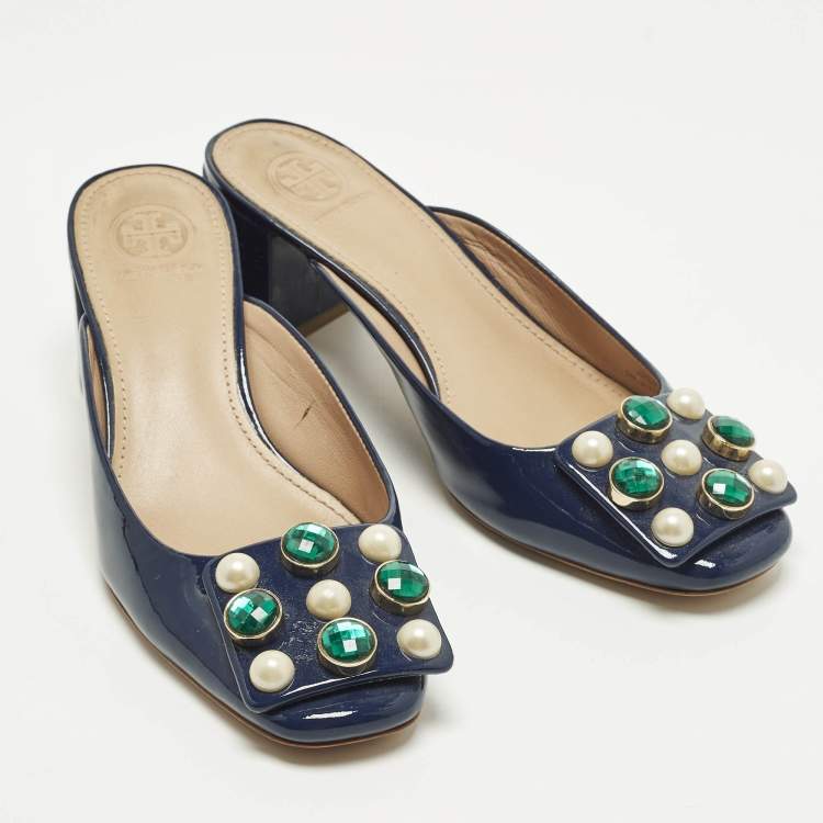 Pre Owned Tory Burch Size 36 Navy Blue Patent Leather Crystal Embellished Mules