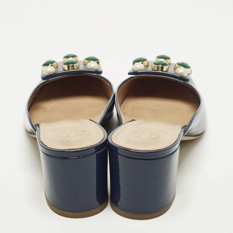 Pre Owned Tory Burch Size 36 Navy Blue Patent Leather Crystal Embellished Mules