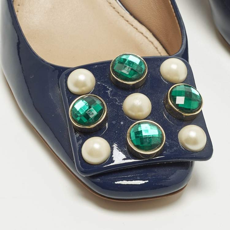 Pre Owned Tory Burch Size 36 Navy Blue Patent Leather Crystal Embellished Mules
