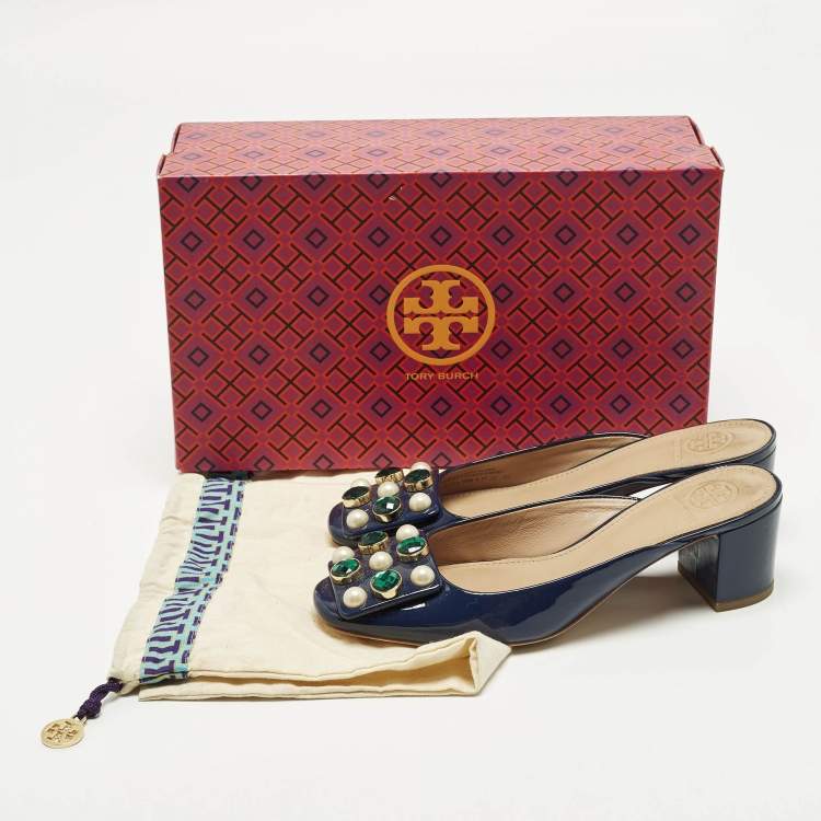 Pre Owned Tory Burch Size 36 Navy Blue Patent Leather Crystal Embellished Mules