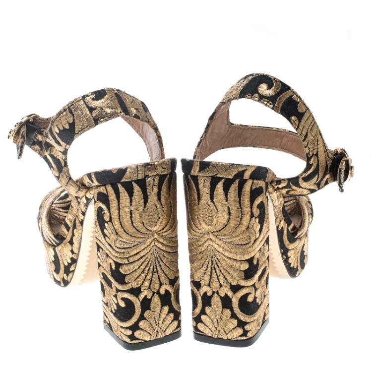 Pre Owned Tory Burch Gold/Black Brocade Fabric Loretta Sandals Size 36.5