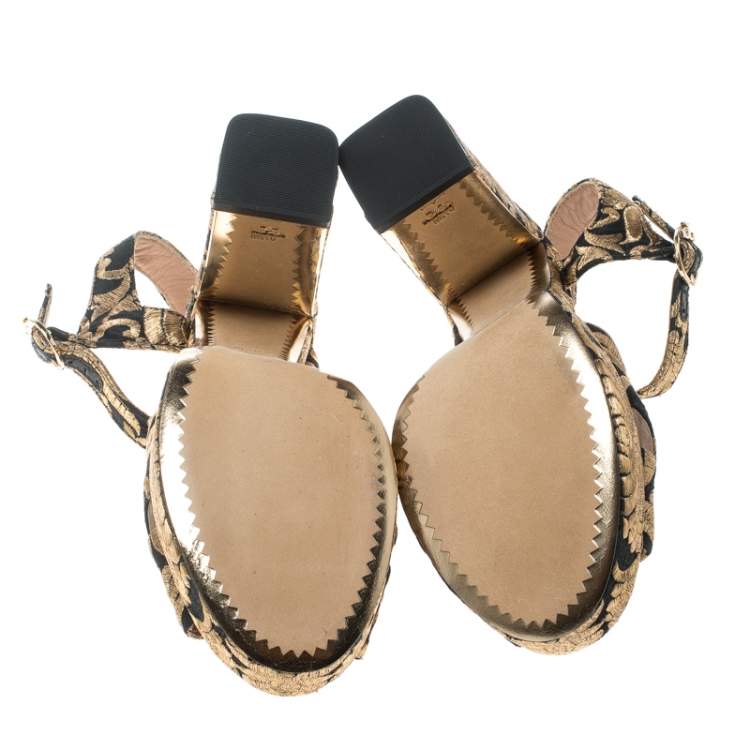 Pre Owned Tory Burch Gold/Black Brocade Fabric Loretta Sandals Size 36.5
