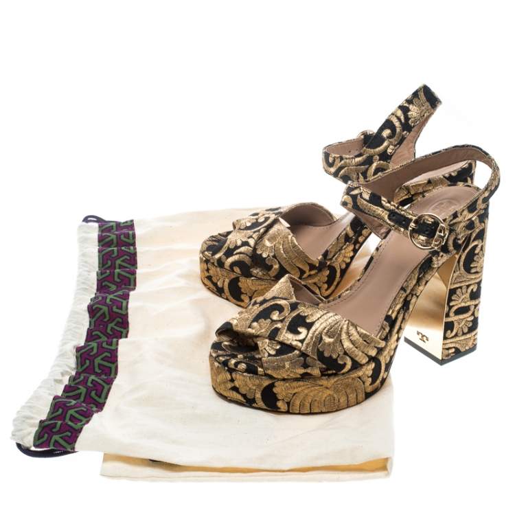 Pre Owned Tory Burch Gold/Black Brocade Fabric Loretta Sandals Size 36.5