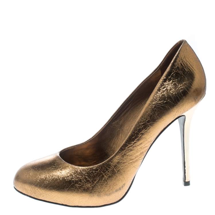 Pre Owned Tory Burch Metallic Bronze Crackled Leather Jenna Pumps Size 41