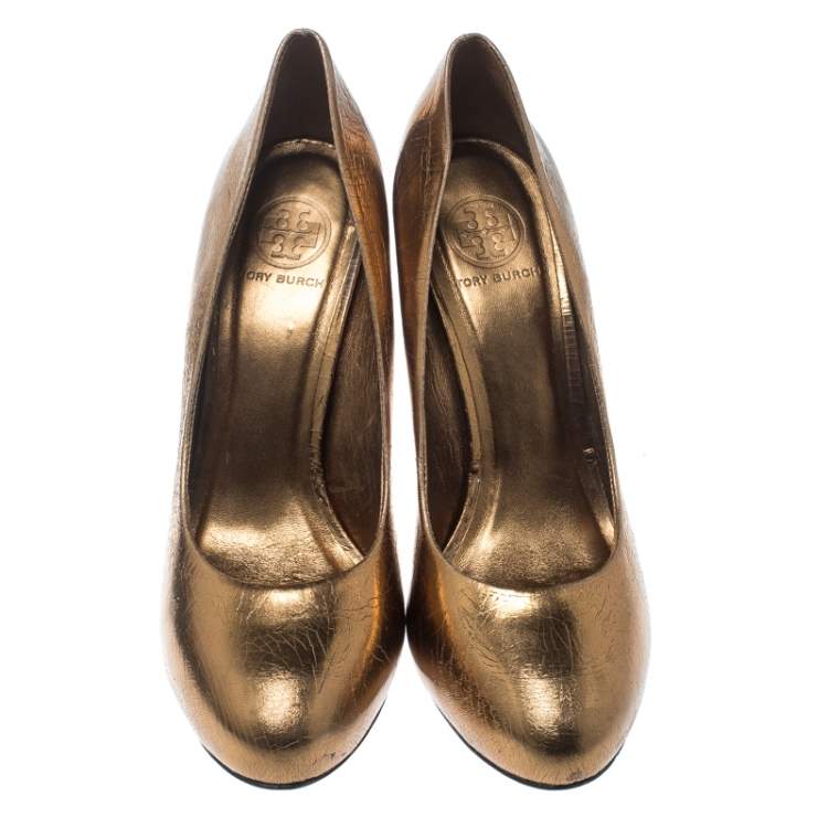 Pre Owned Tory Burch Metallic Bronze Crackled Leather Jenna Pumps Size 41
