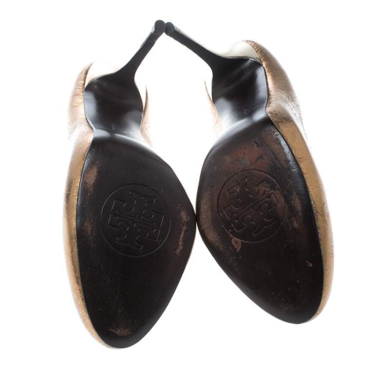 Pre Owned Tory Burch Metallic Bronze Crackled Leather Jenna Pumps Size 41