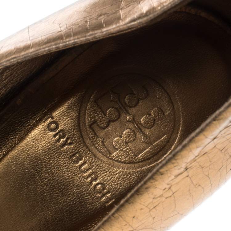Pre Owned Tory Burch Metallic Bronze Crackled Leather Jenna Pumps Size 41
