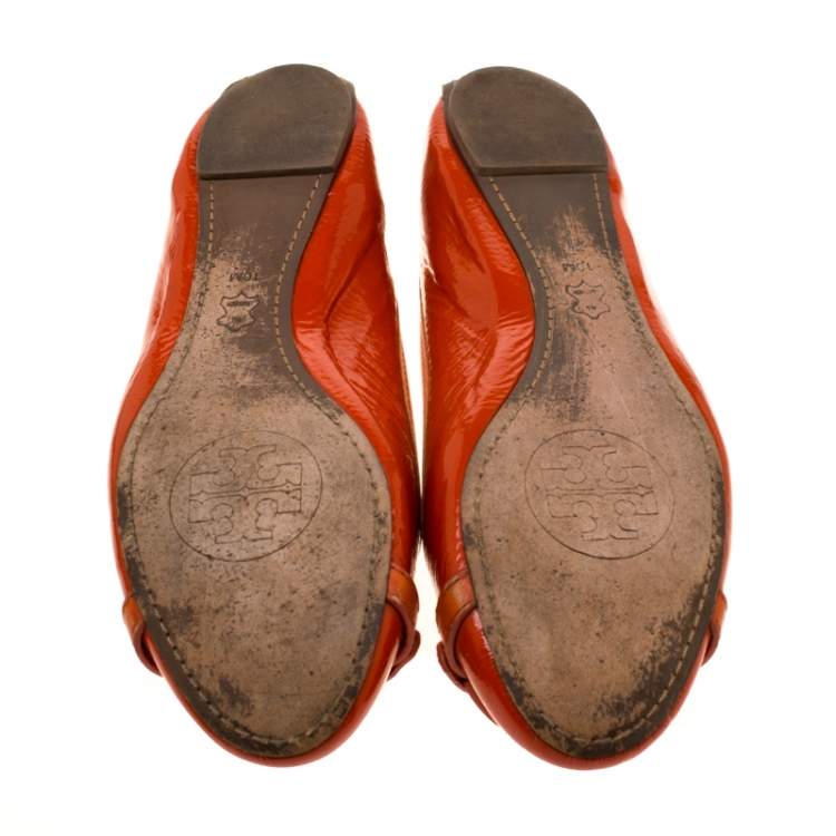 Pre Owned Tory Burch Orange Patent Leather Bow Ballet Flats Size 40