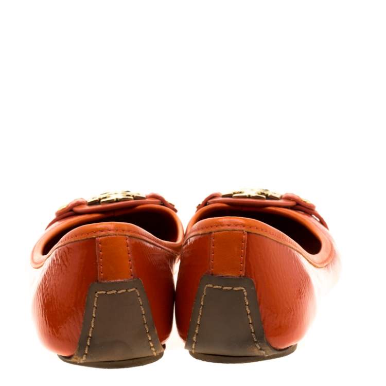 Pre Owned Tory Burch Orange Patent Leather Bow Ballet Flats Size 40