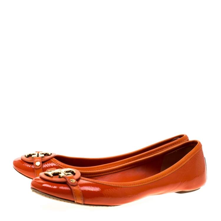 Pre Owned Tory Burch Orange Patent Leather Bow Ballet Flats Size 40