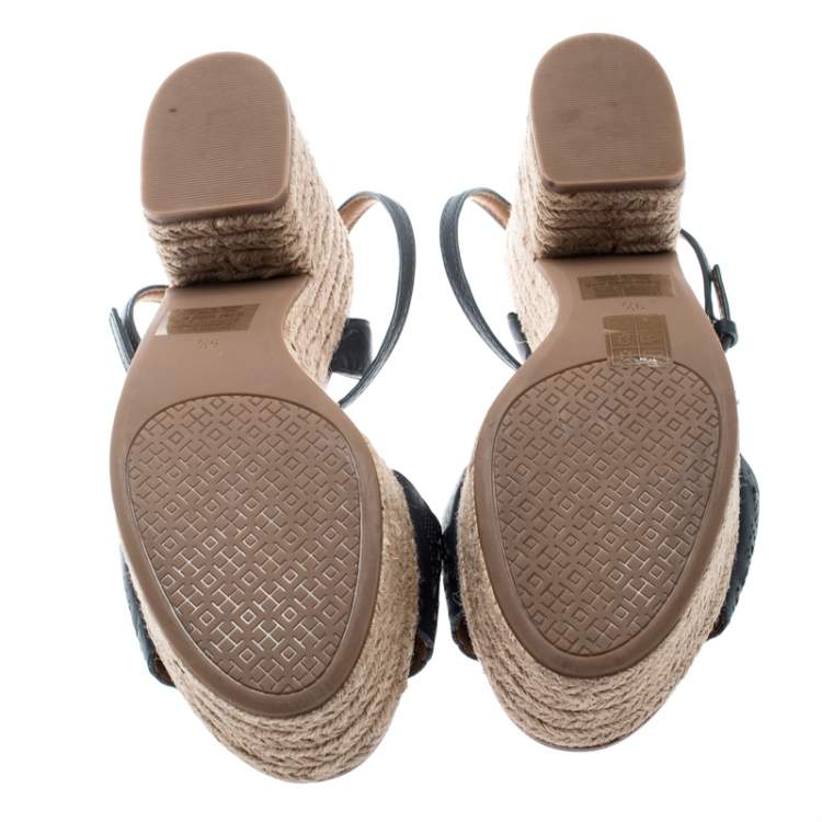 Pre Owned Tory Burch Blue Laser Cut Leather Roselle Espadrille Platform Sandals Size 39.5