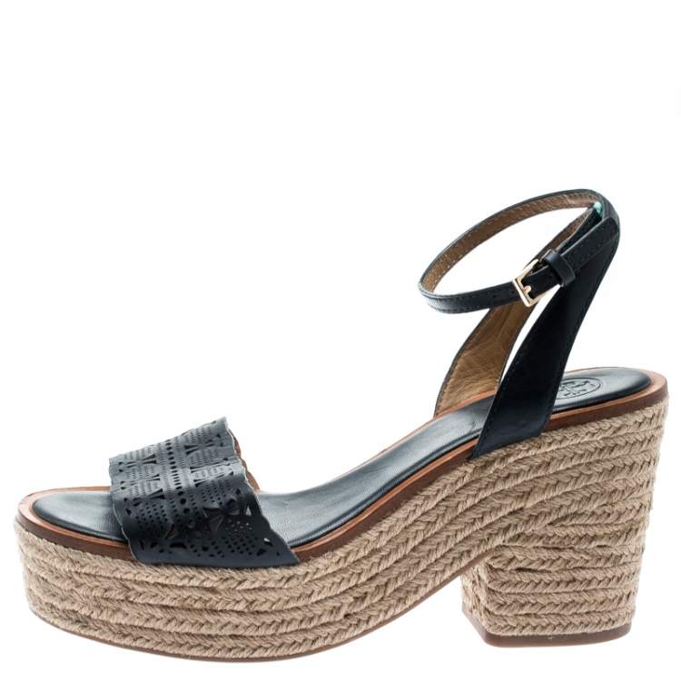 Pre Owned Tory Burch Blue Laser Cut Leather Roselle Espadrille Platform Sandals Size 39.5