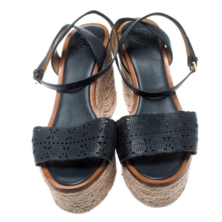 Pre Owned Tory Burch Blue Laser Cut Leather Roselle Espadrille Platform Sandals Size 39.5