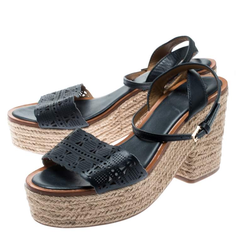Pre Owned Tory Burch Blue Laser Cut Leather Roselle Espadrille Platform Sandals Size 39.5