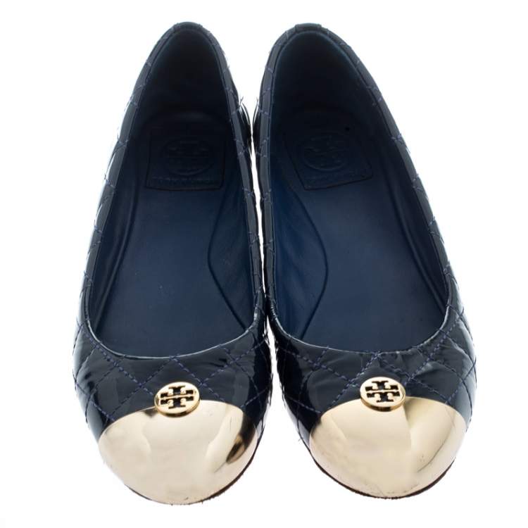 Pre Owned Tory Burch Blue Quilted Leather Kaitlin Metal Cap Toe Ballet Flats Size 37.5