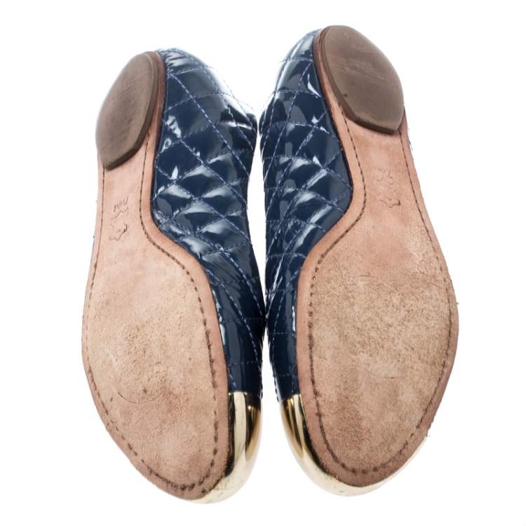 Pre Owned Tory Burch Blue Quilted Leather Kaitlin Metal Cap Toe Ballet Flats Size 37.5