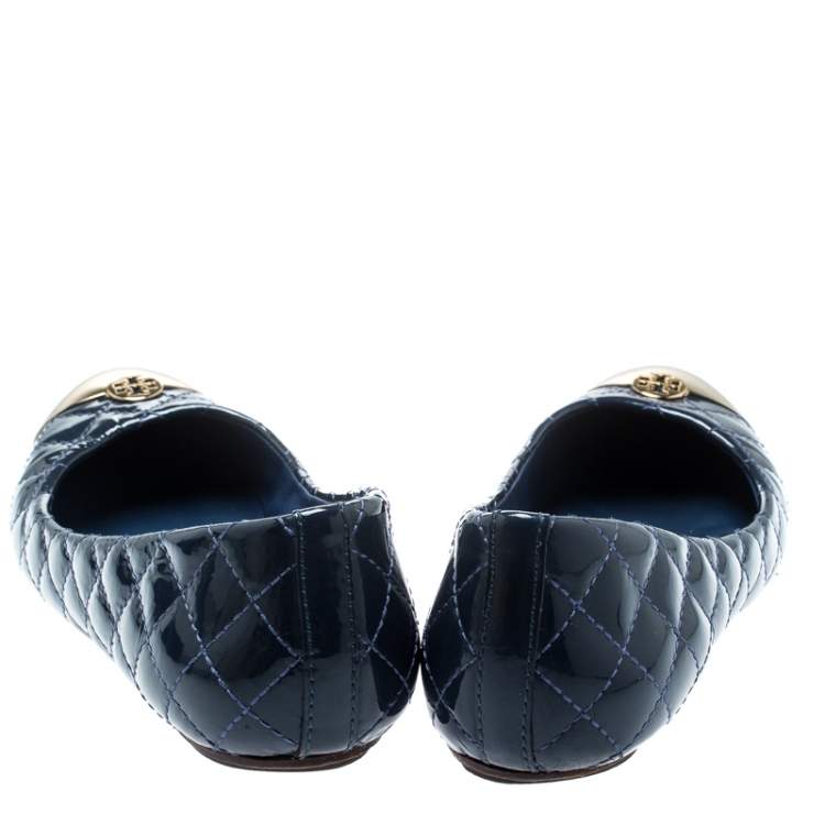 Pre Owned Tory Burch Blue Quilted Leather Kaitlin Metal Cap Toe Ballet Flats Size 37.5