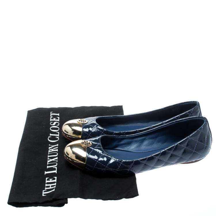 Pre Owned Tory Burch Blue Quilted Leather Kaitlin Metal Cap Toe Ballet Flats Size 37.5
