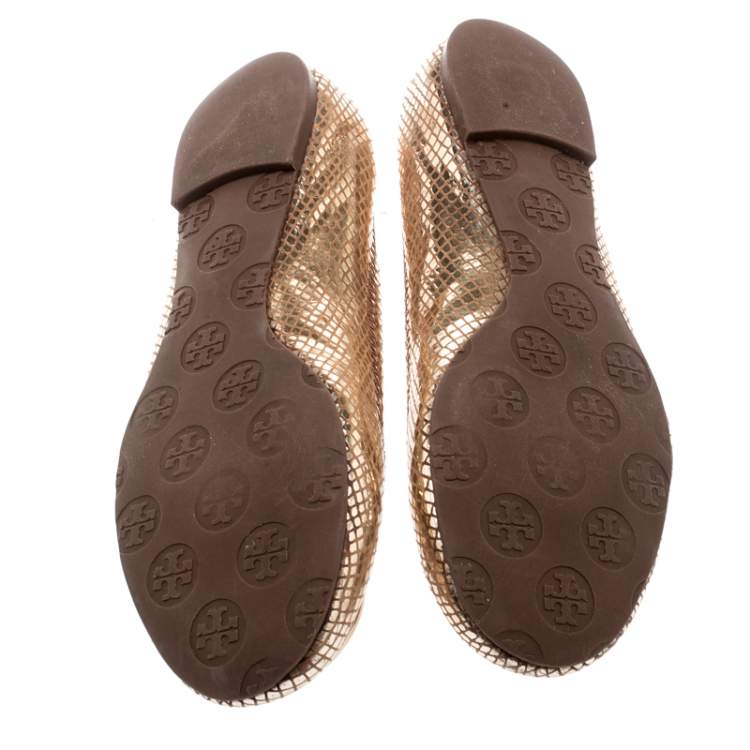 Pre Owned Tory Burch Metallic Gold Foil Textured Suede Reva Ballet Flats Size 37.5
