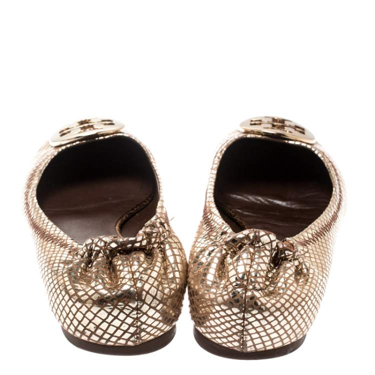 Pre Owned Tory Burch Metallic Gold Foil Textured Suede Reva Ballet Flats Size 37.5