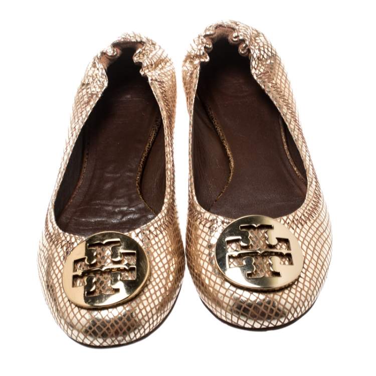 Pre Owned Tory Burch Metallic Gold Foil Textured Suede Reva Ballet Flats Size 37.5
